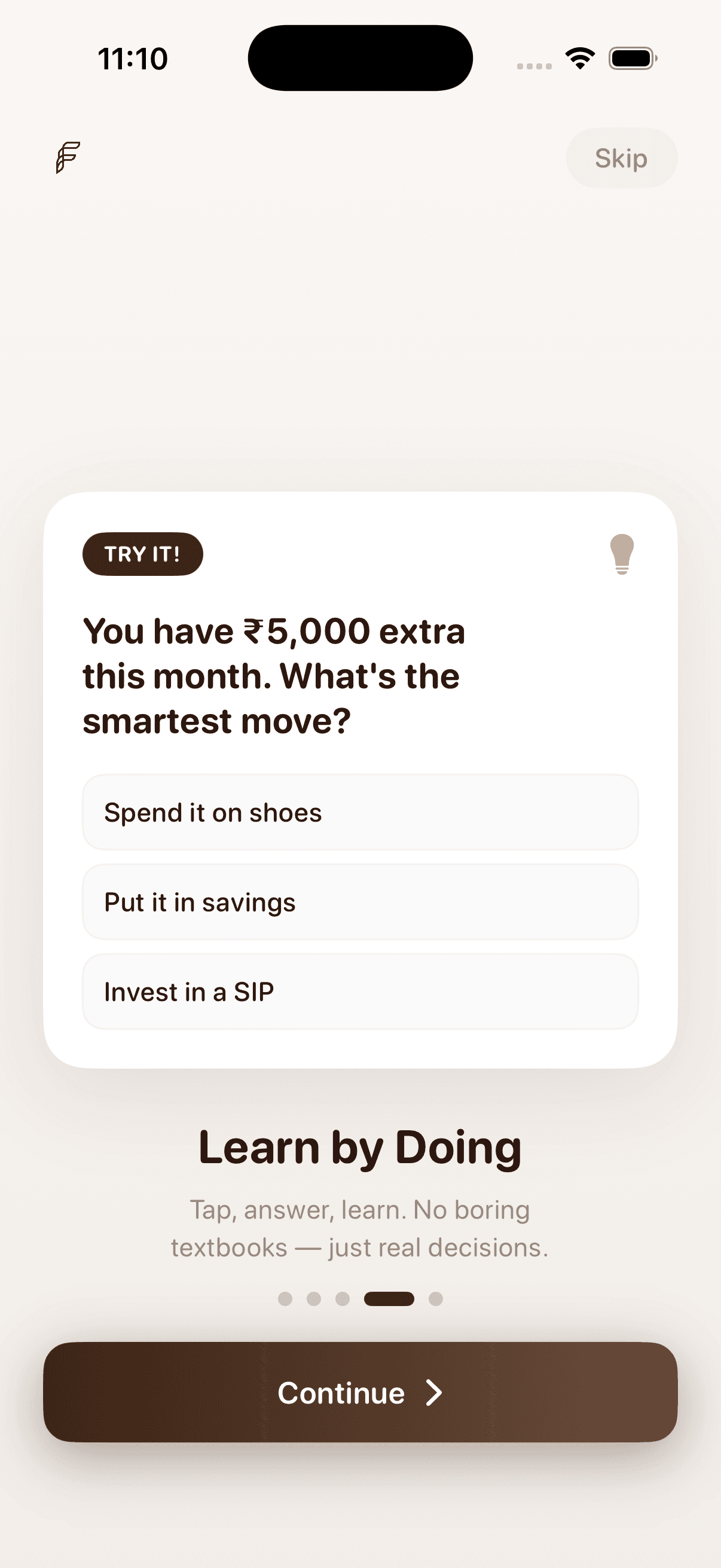 Finlo, learn by doing scenario